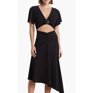 We Wore What Cutout Asymmetrical Midi Dress With Faux Leather Rosette At Bust M